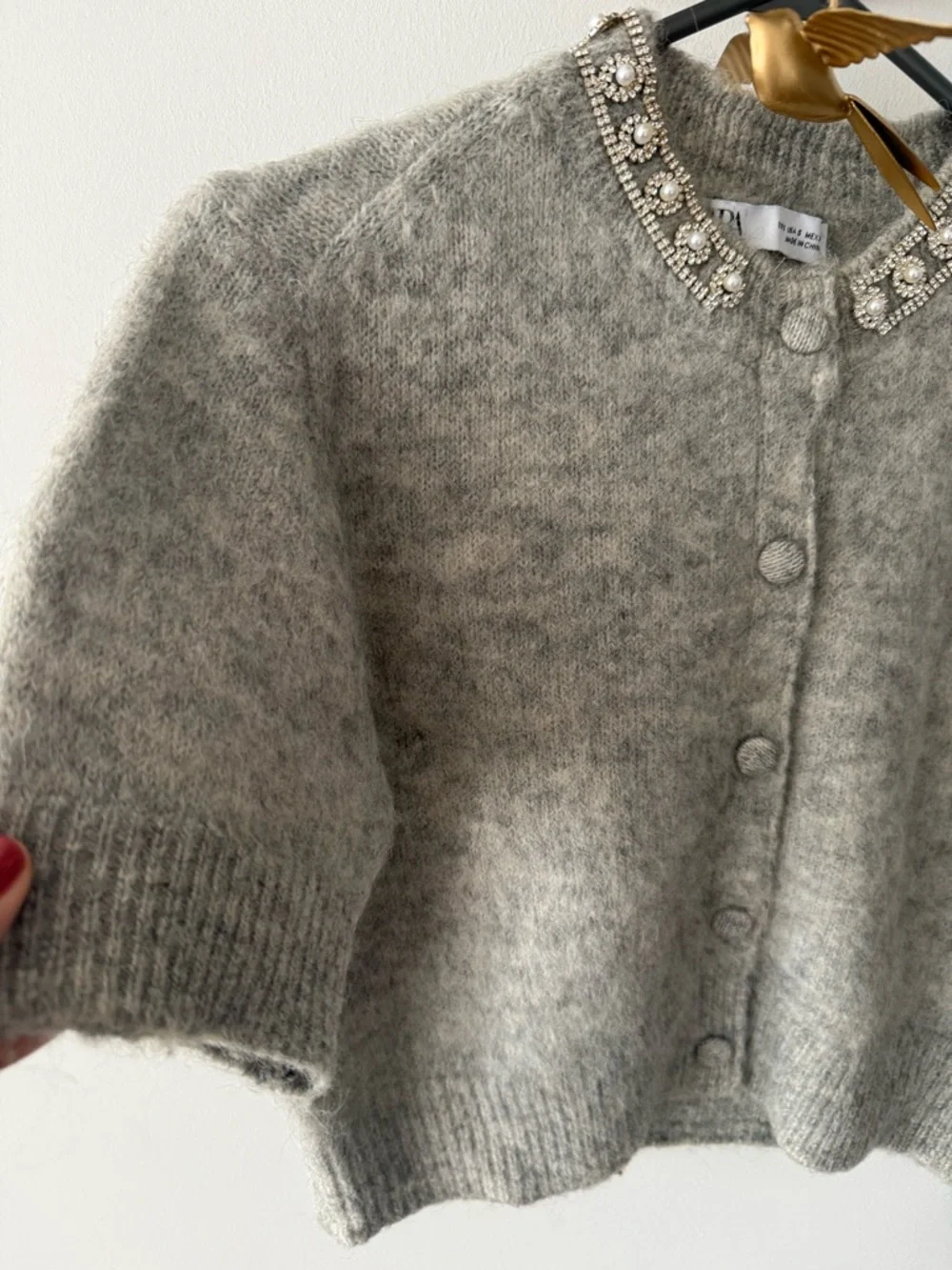 Zara Embellished Collar Short-Sleeve Mohair Blend Cardigan - Gray - Picture 5 of 6